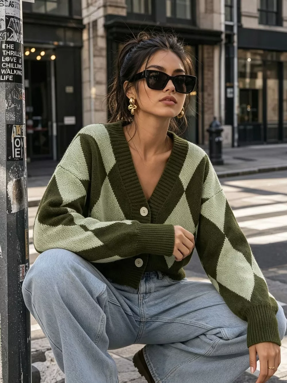 Argyle Pattern V-Neck Button-Down Cardigan, image 22
