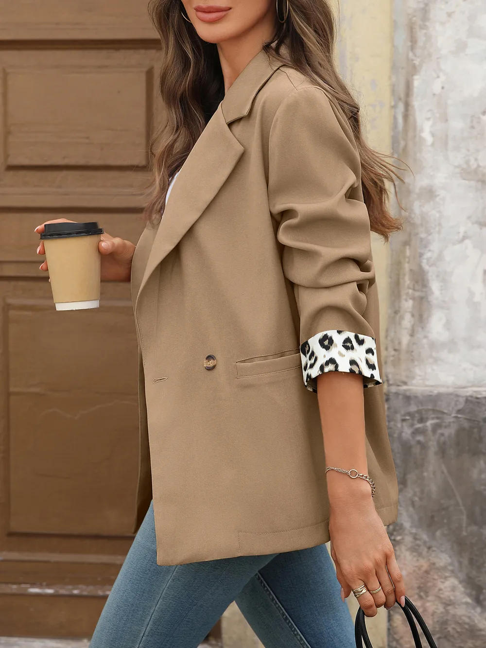 Lapel Collar Leopard Cuff Long Sleeve Blazer, image 3