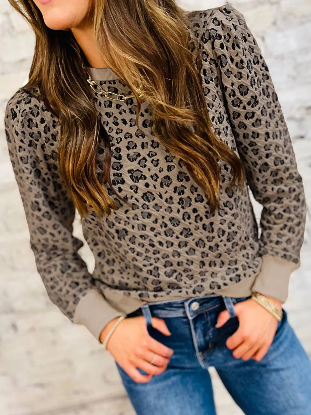 Ribbed Trim Leopard Print Long Sleeve Top, image 5