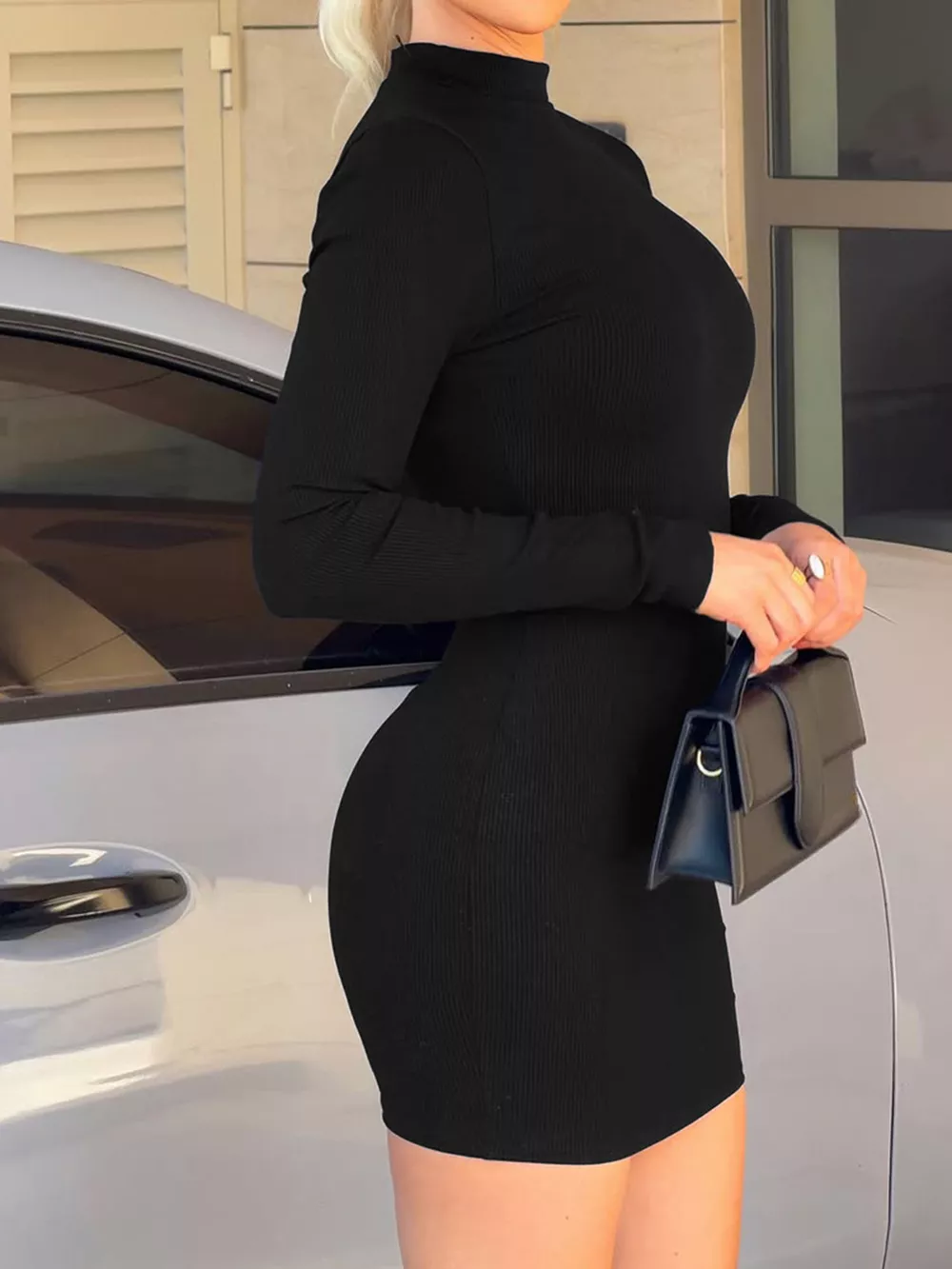 Mock Neck Ribbed Bodycon Knit Dress, image 2