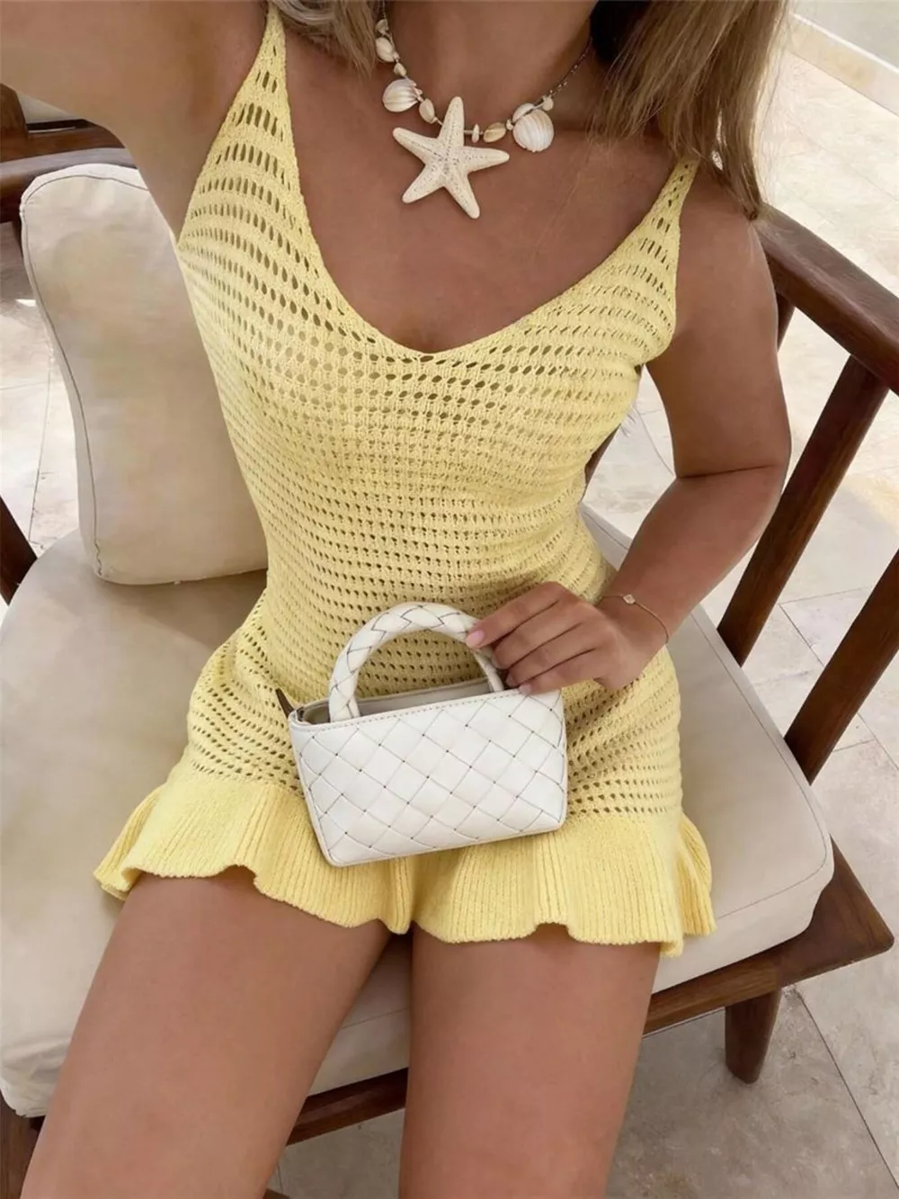 V-Neck Crochet Knit Sweater Dress, image 4