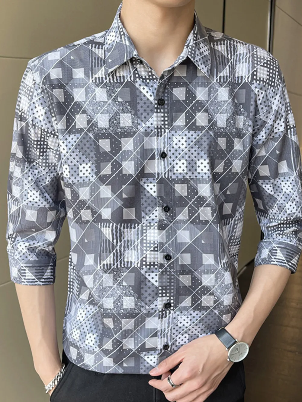 Men's Plus Size Geometric Print Slim Fit Casual Shirt, image 5
