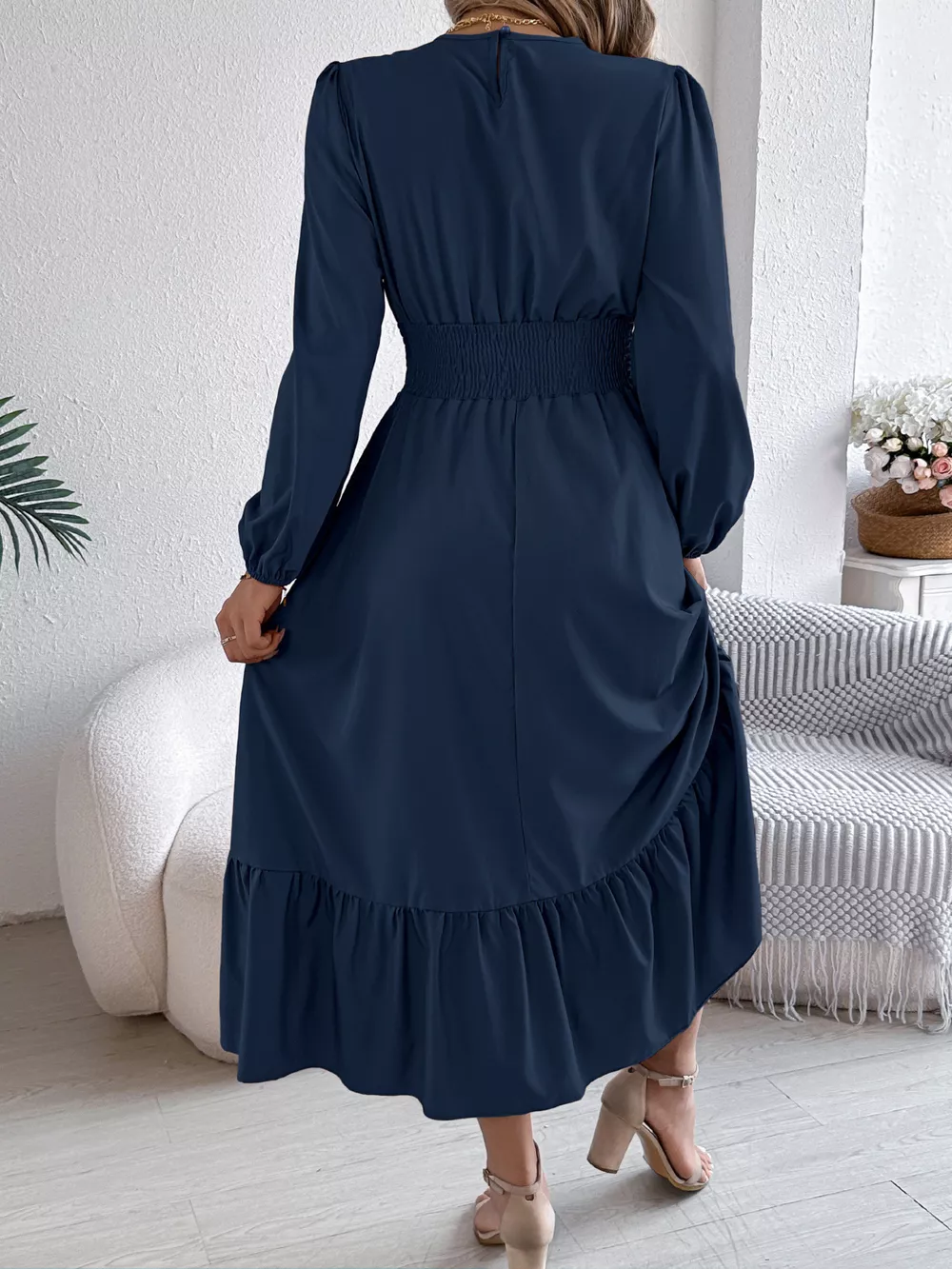 Round Neck Balloon Sleeve Tiered Dress, image 3