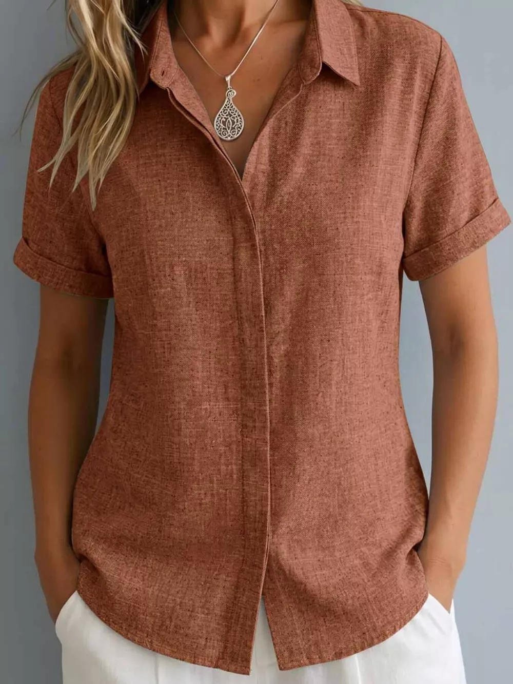 Full Size Collared Neck Short Sleeve Shirt Plus Size, image 16