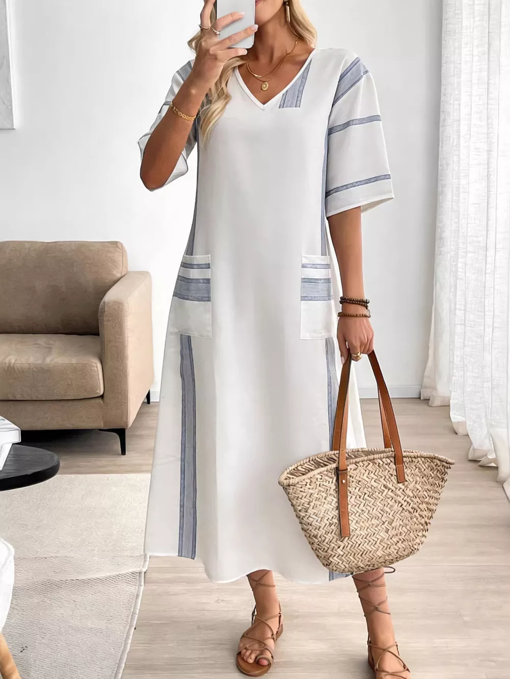 Striped V-Neck Maxi Dress, image 4