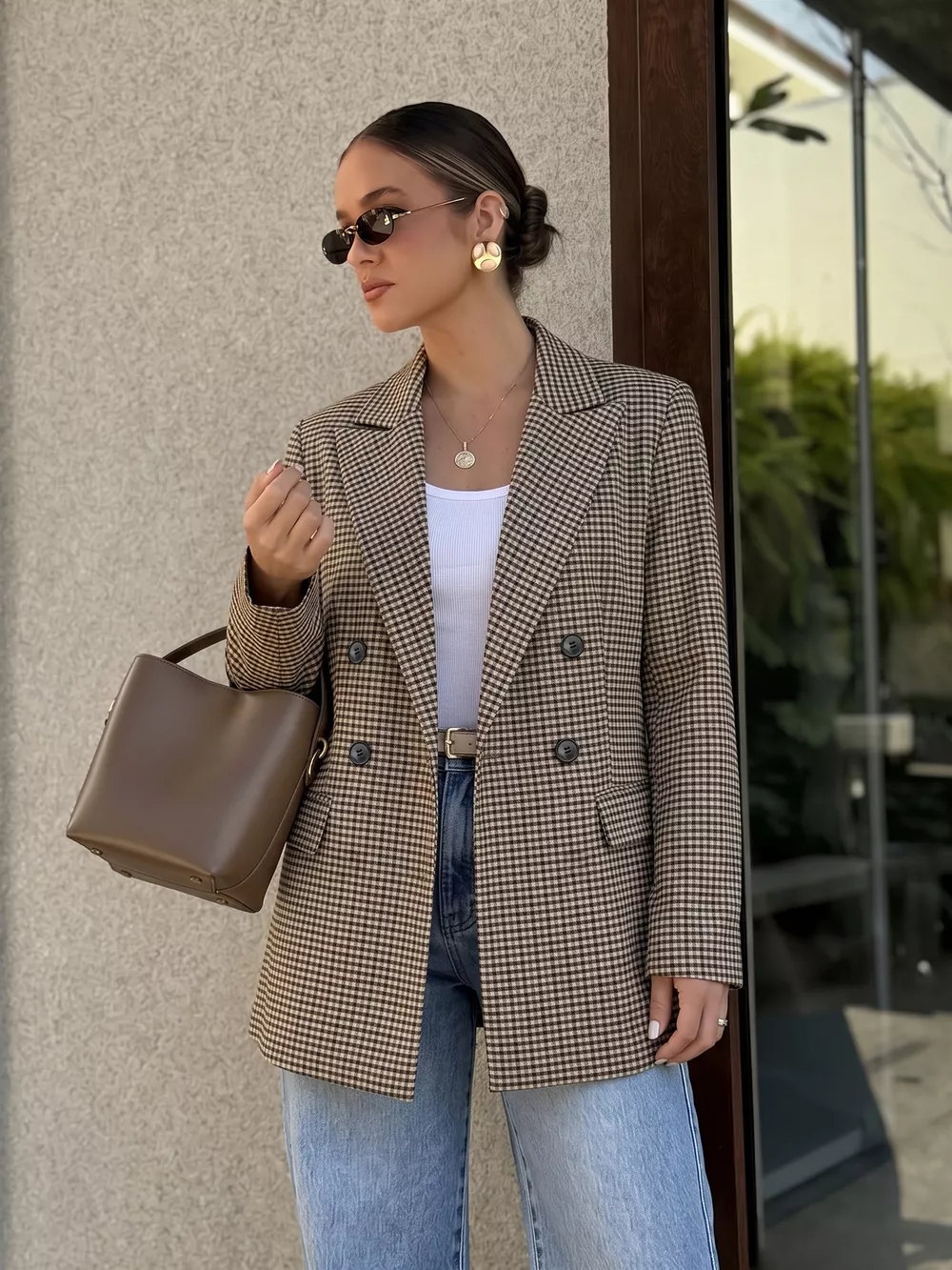 Plaid Lapel Collar Double-Breasted Blazer, image 2