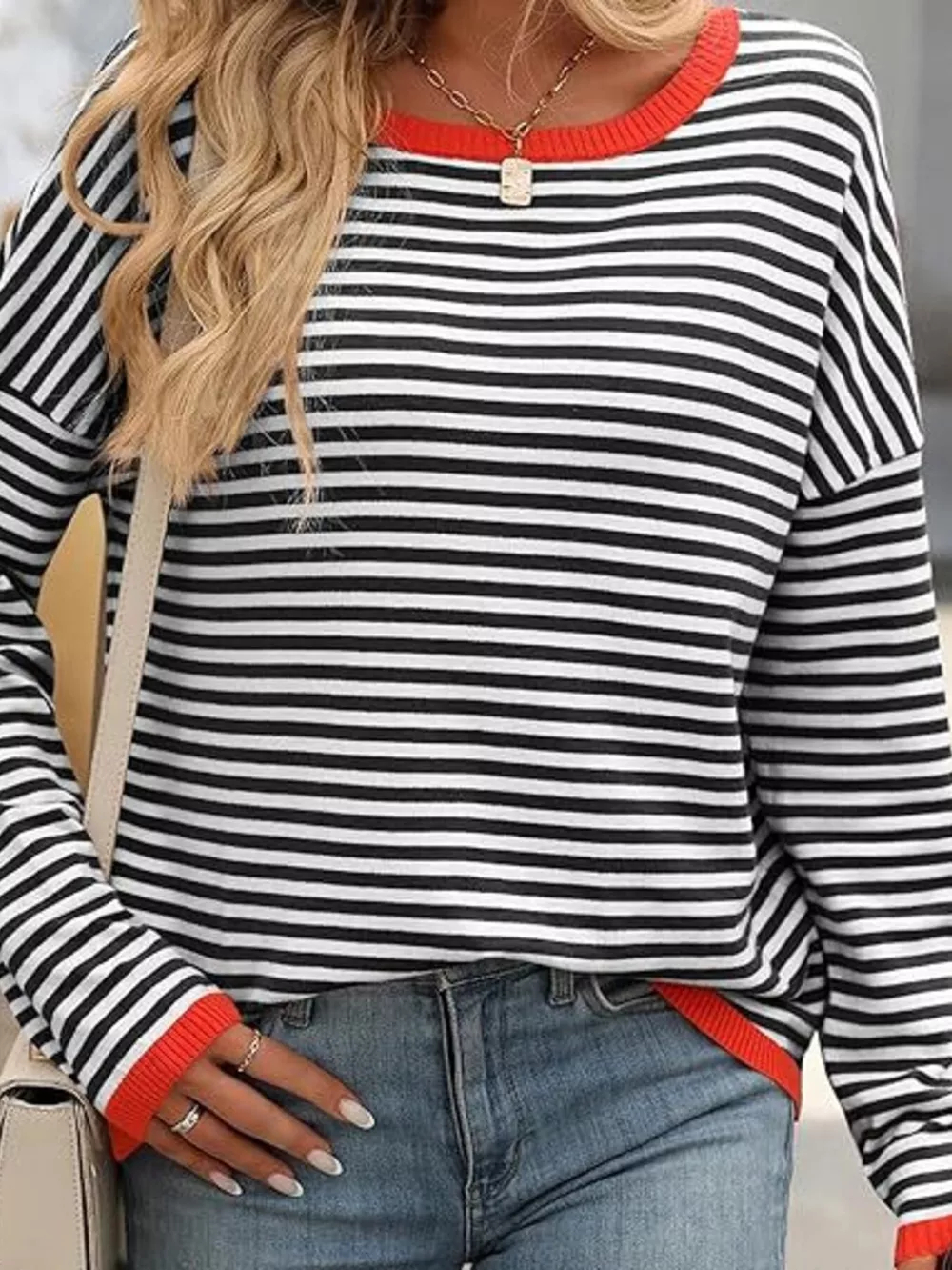Plus Size Contrast Striped Long Sleeve Sweater, image 5
