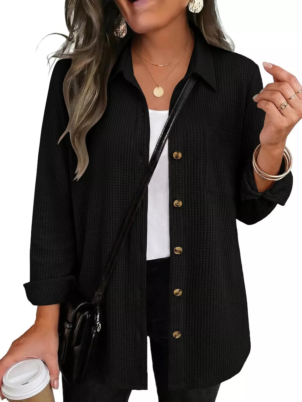 Waffle Knit Button-Down Long Sleeve Shirt, image 10