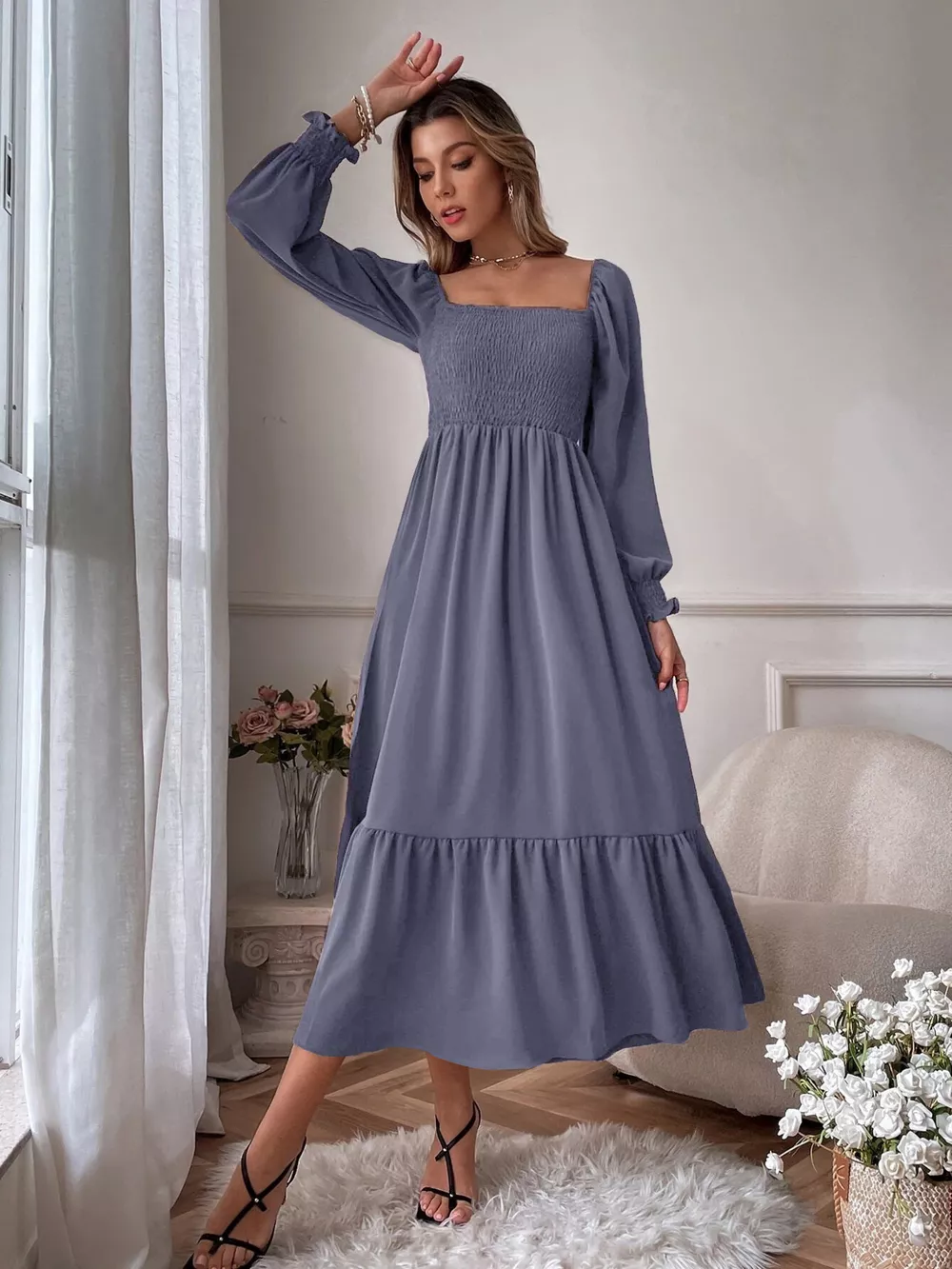 Smocked Long Sleeve Midi Dress, image 13