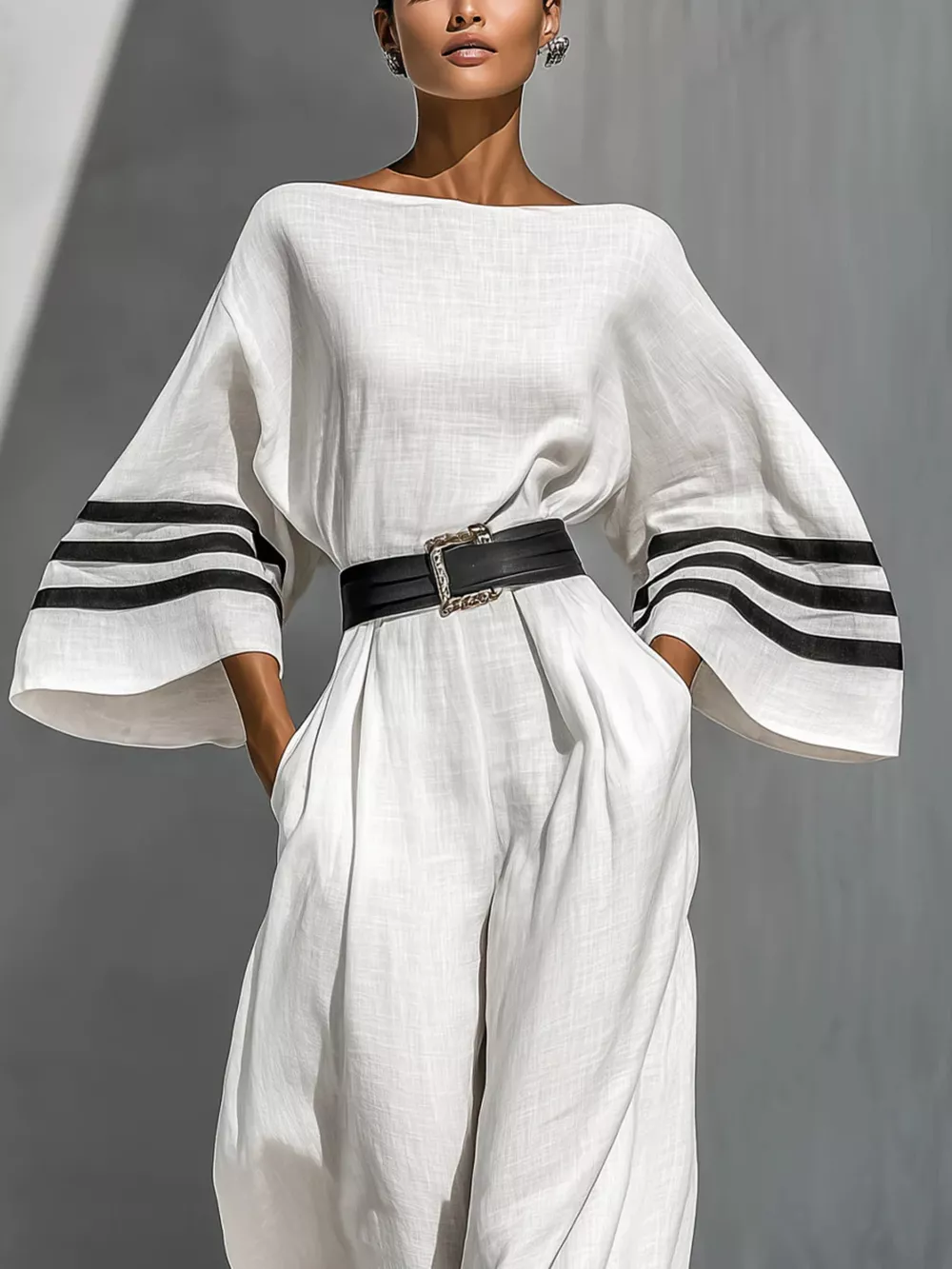 Wide Sleeve and Contrast Striped Jumpsuit