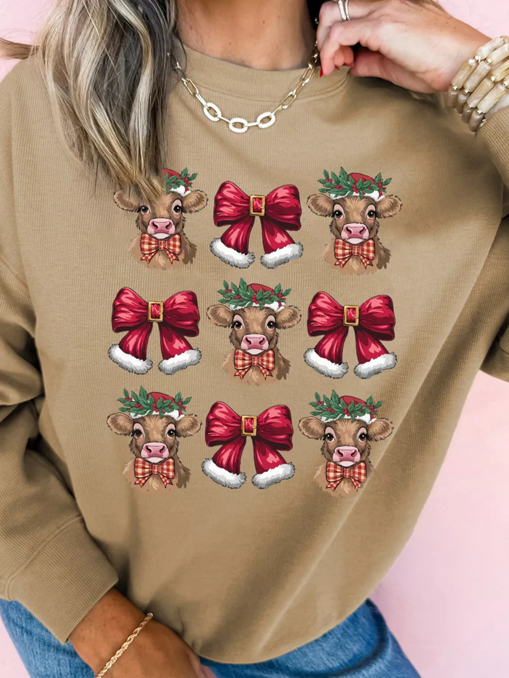 Christmas Heifer Bow Knot Print Casual Sweatshirt, image 3
