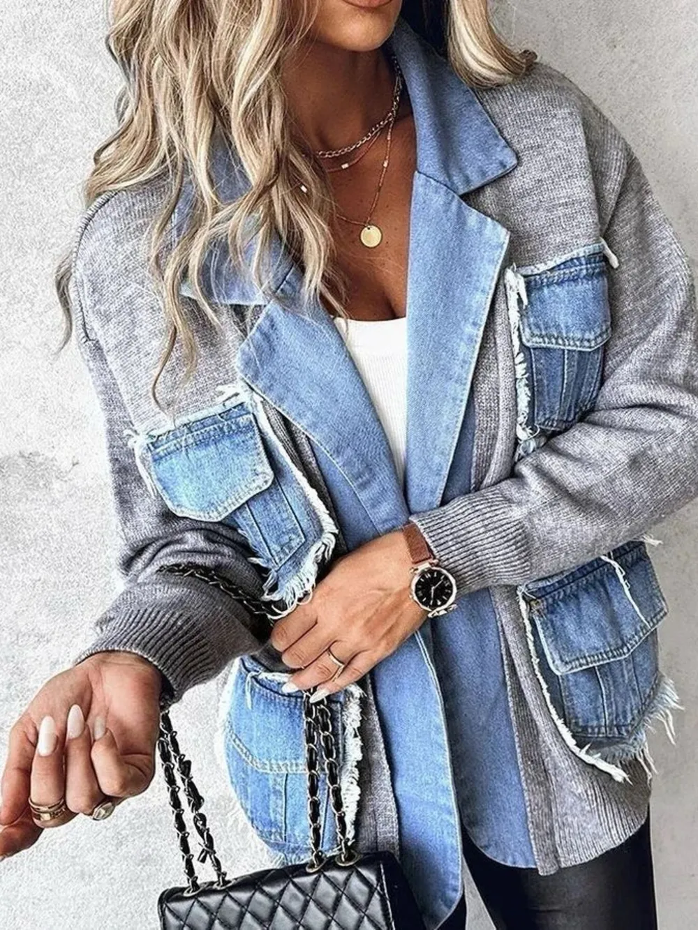 Raw Hem Denim Pocket Patchwork Cardigan, image 2