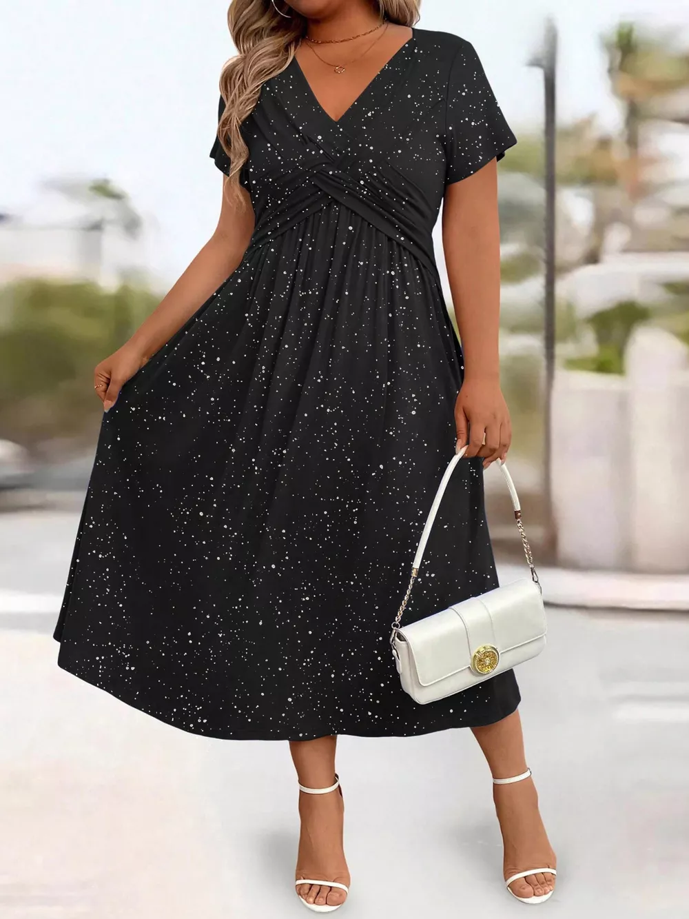 Full Size Glitter Flutter Sleeve Midi Dress Plus Size, image 6