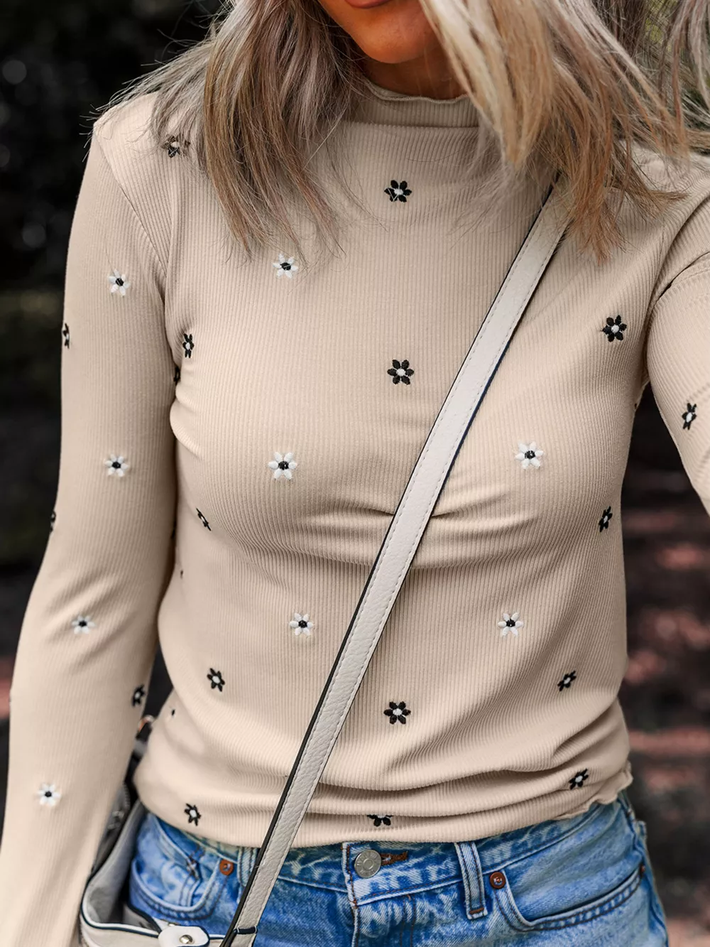 Floral Embroidered Detail Ribbed Long Sleeve Top, image 2