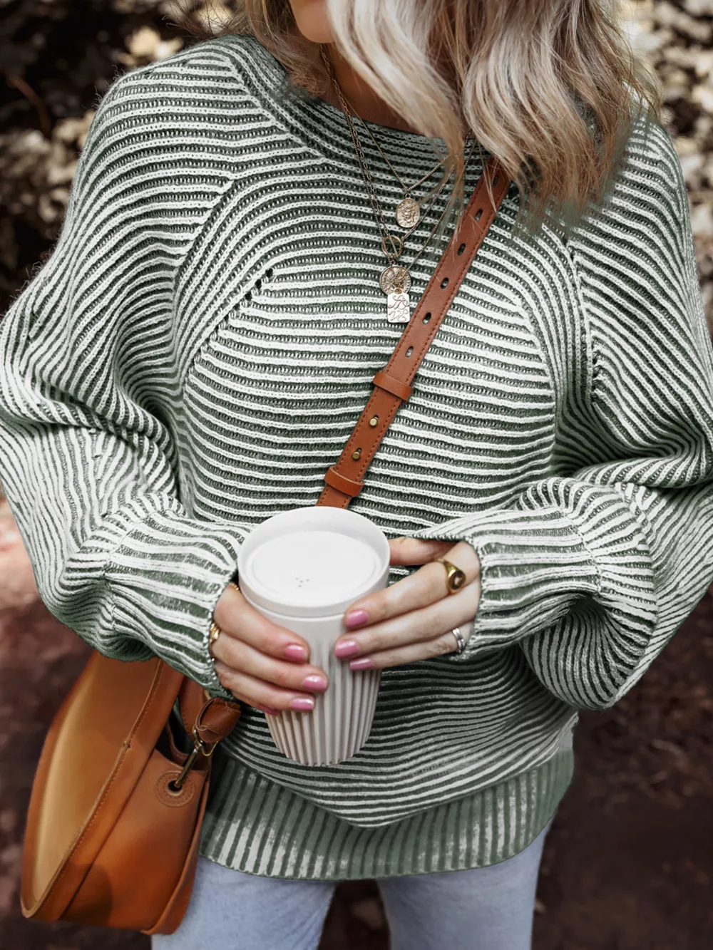 Striped Ribbed Knit Boat Neck Baggy Sweater, image 5