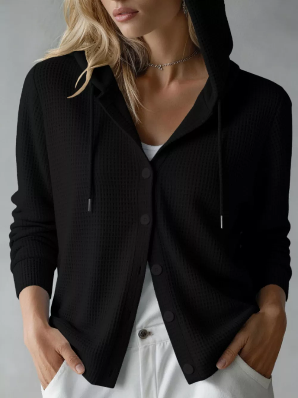 Waffle Knit Button-Down Hooded Cardigan, image 3