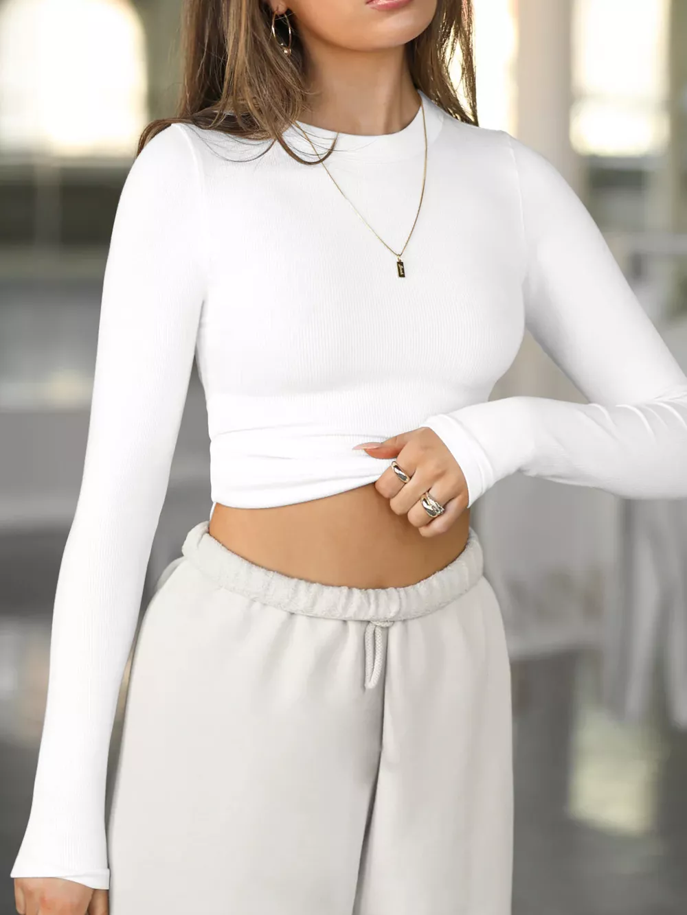 Long Sleeve Crop T-Shirt with Ribbed Texture, image 19