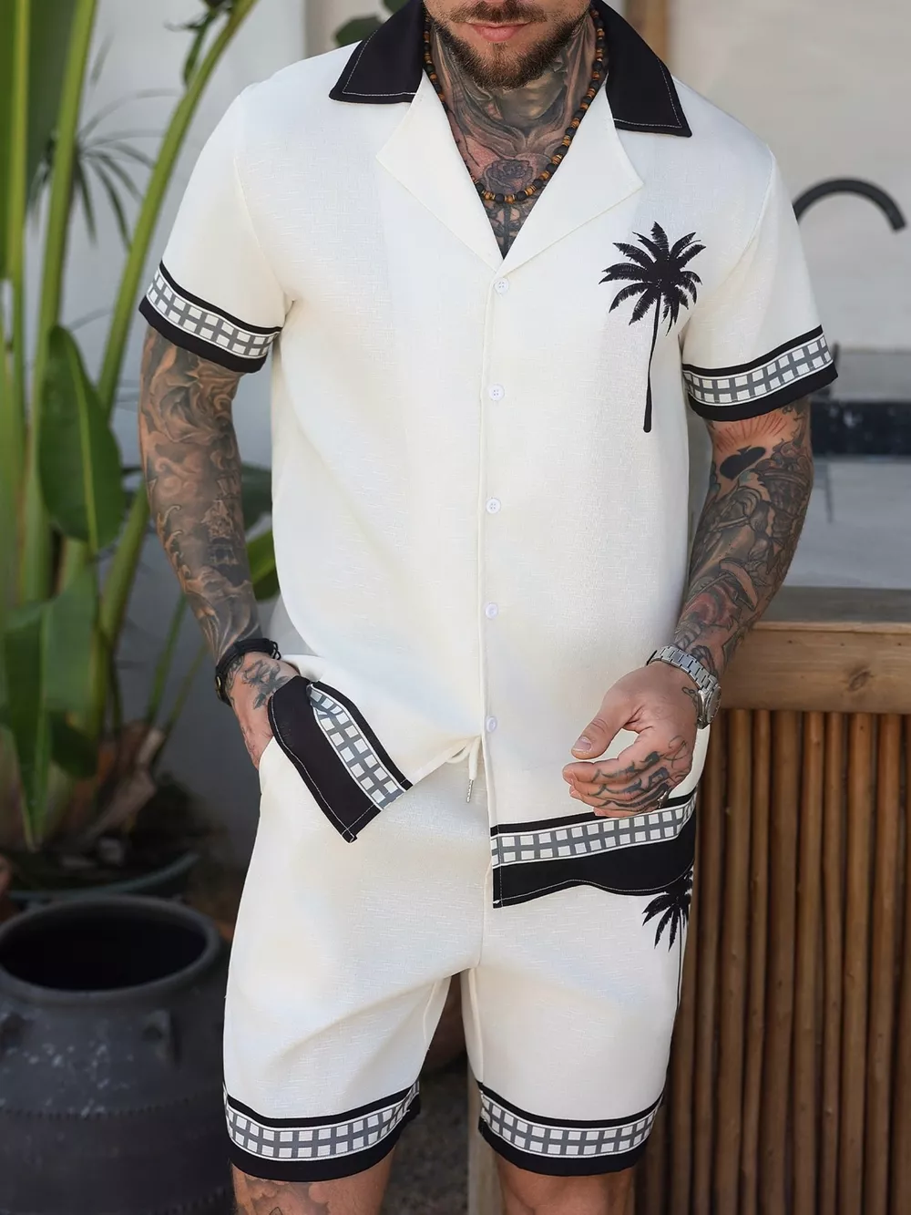 Men's Tropical Palm Tree Print Short Sleeve Shirt and Shorts Set, image 4