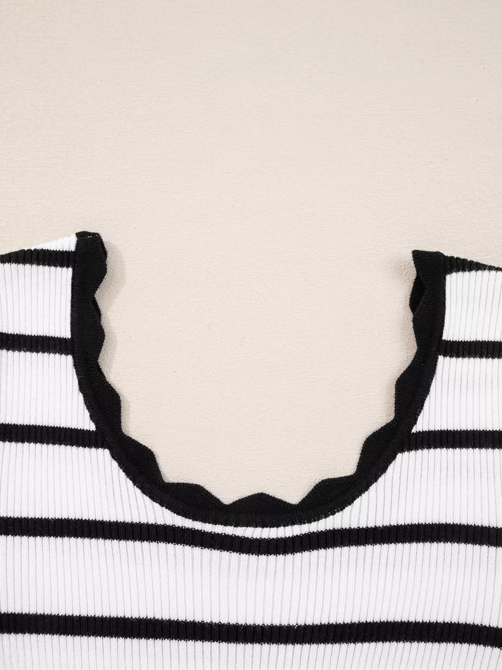 Scalloped Trim U Neck Striped Ribbed Slim Knit Top, image 3