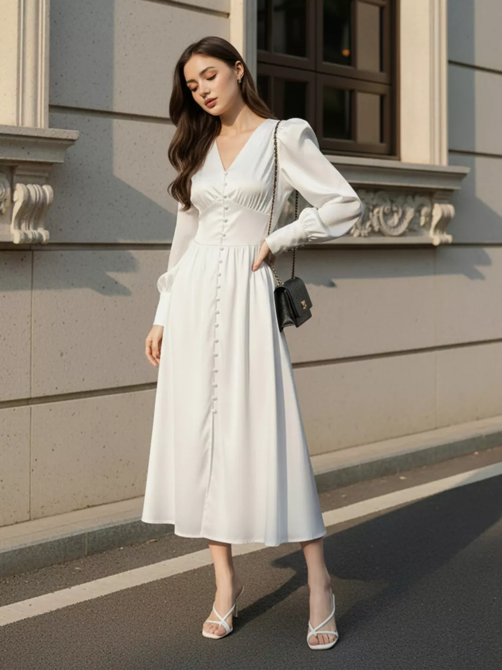 V-Neck Lantern Sleeve Midi Dress, image 2