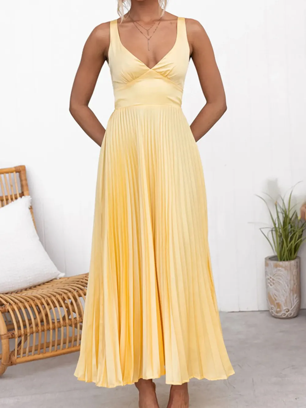 Pleated V-Neck Sleeveless Maxi Dress, image 2