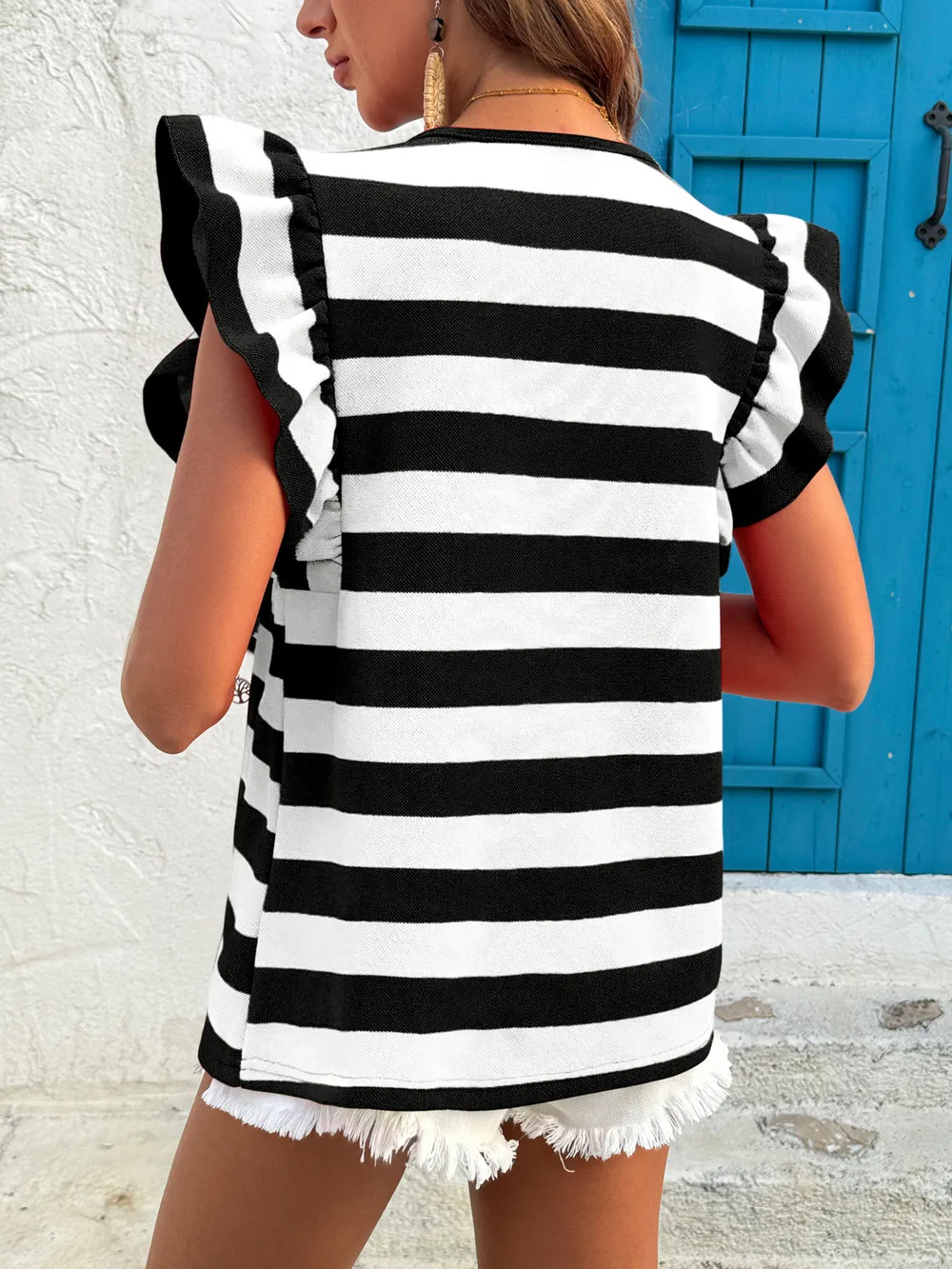 Contrast Striped Ruffle Sleeve T-Shirt, image 2