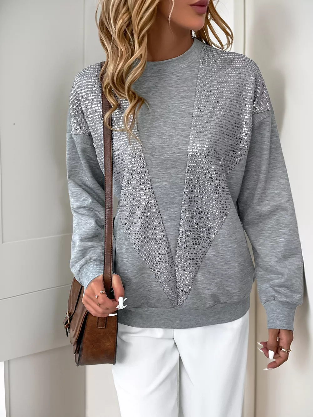 Sequin Round Neck Dropped Shoulder Sweatshirt, image 2