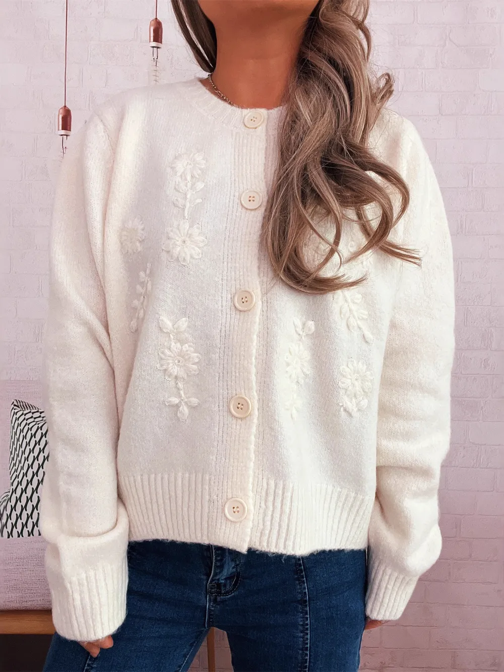 Flower Button Up Ribbed Hem Cardigan, image 4