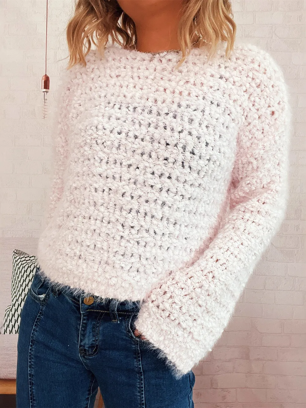 Crochet Round Neck Dropped Shoulder Sweater, image 10