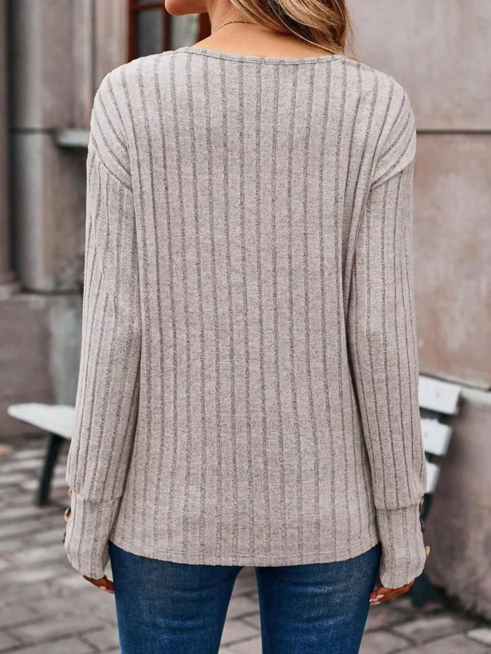Ribbed V-Neck Long Sleeve Top, image 2