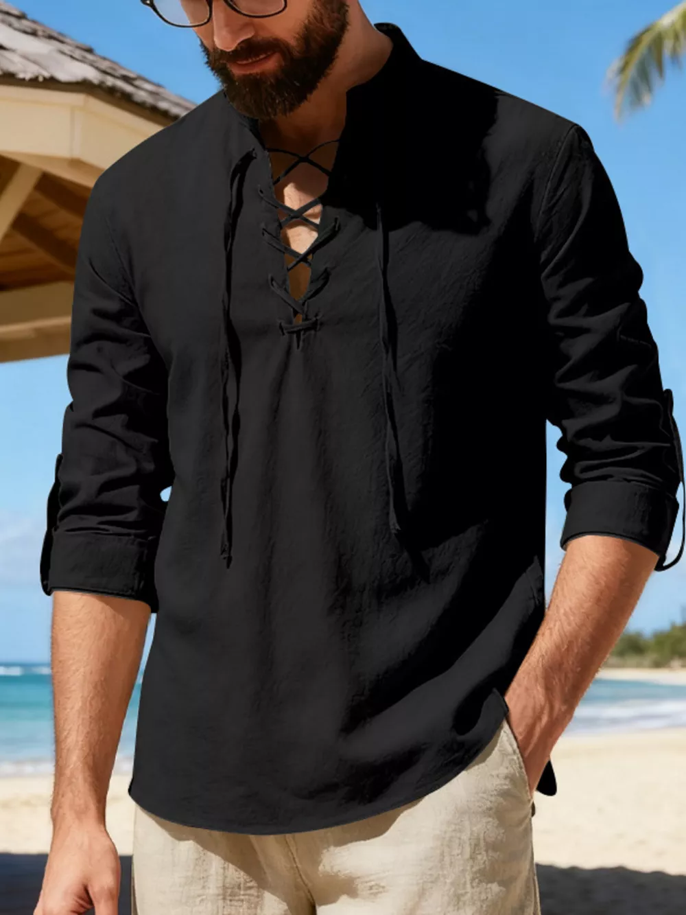 Men's Full Size Casual Lace-Up Linen Shirt Plus Size, image 5