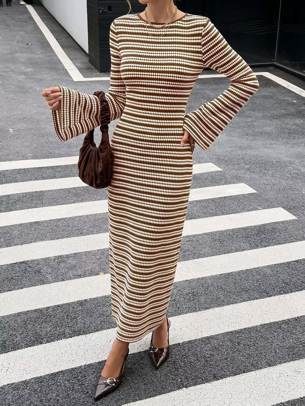 Striped Flare Sleeve Ribbed Knit Dress