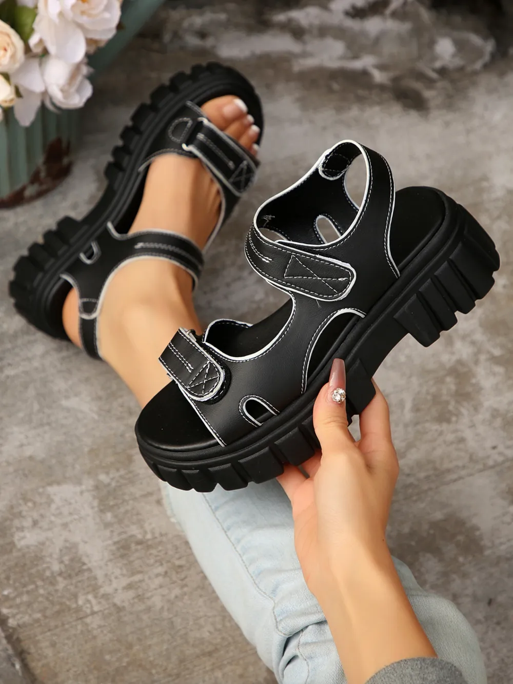 Platform Chunky Velcro Strap Sandals, image 3