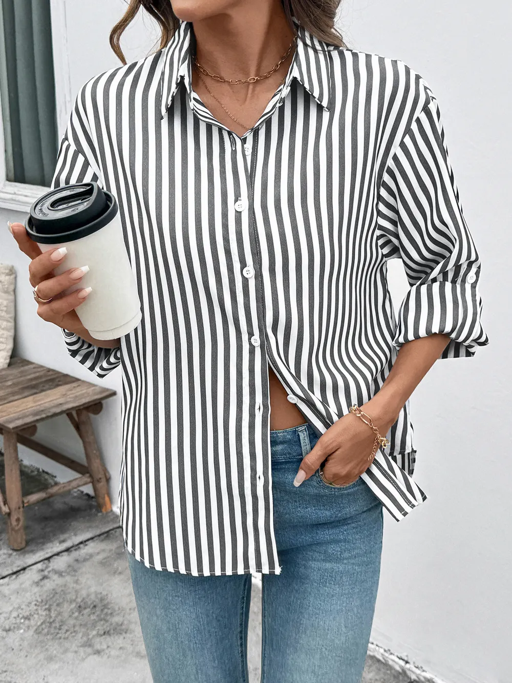 Striped Oversized Button-Up Shirt, image 2