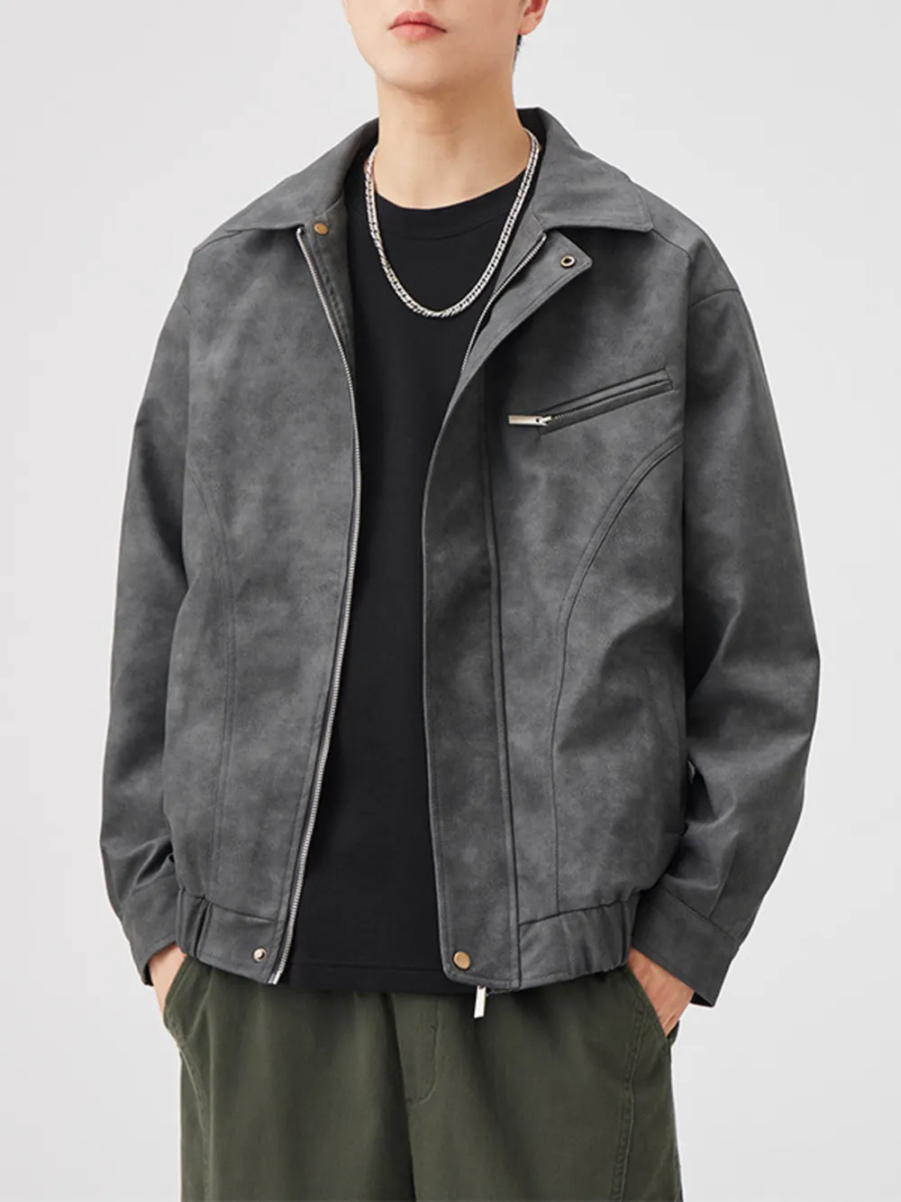 Men's Plus Size Vintage Style Zip Up Leather Jacket, image 4