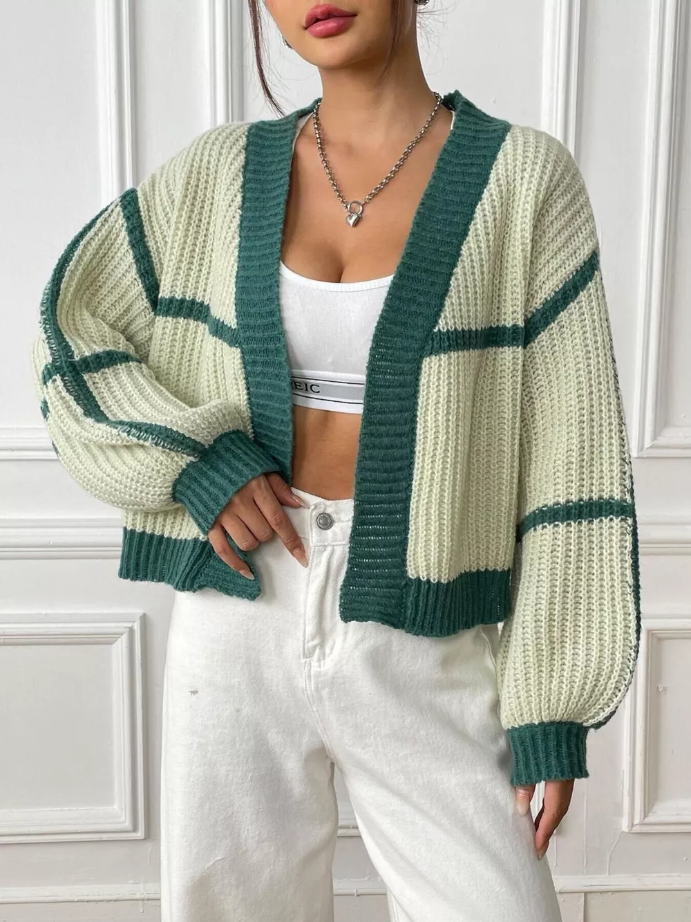 Color-Block Ribbed Knit Open-Front Cropped Cardigan, image 5