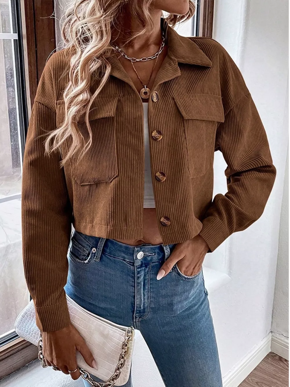 Cropped Corduroy Button-Down Jacket, image 3