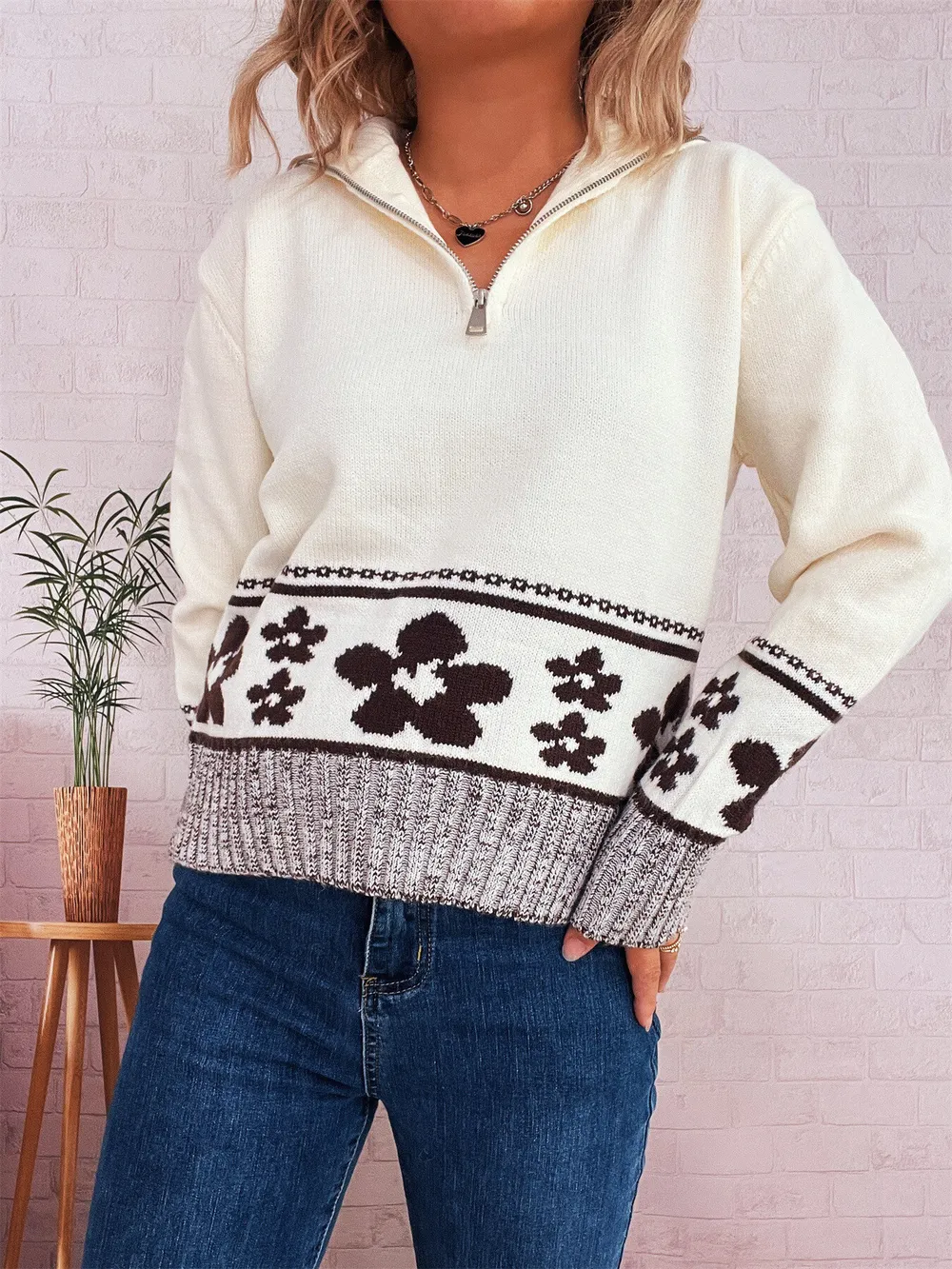 Flower Zip Collar Long Sleeve Sweater, image 2