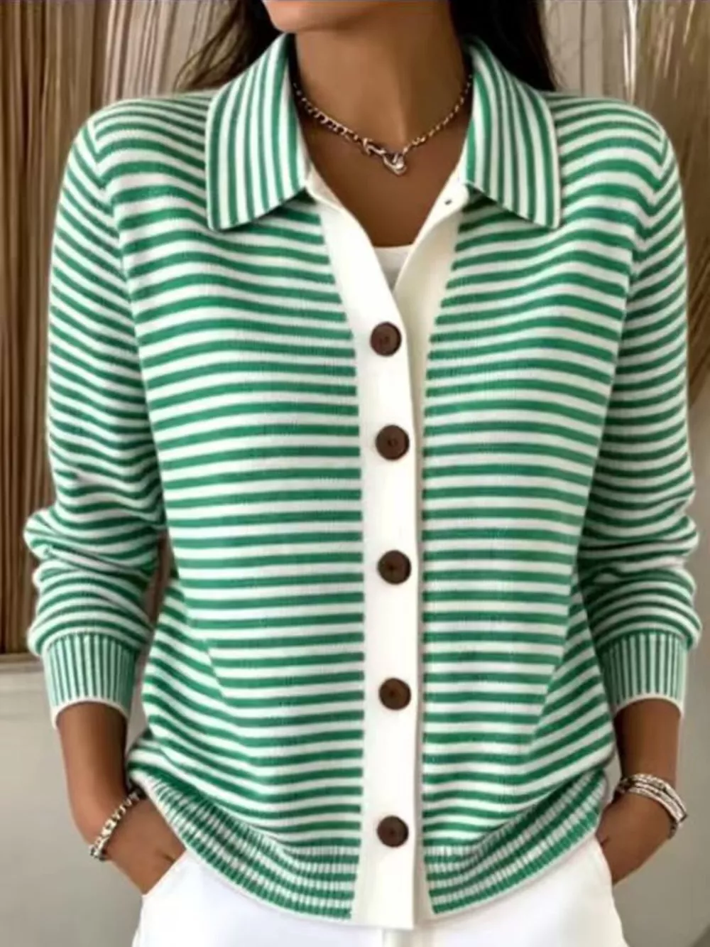 Striped Collared Button-Down Knit Cardigan, image 5