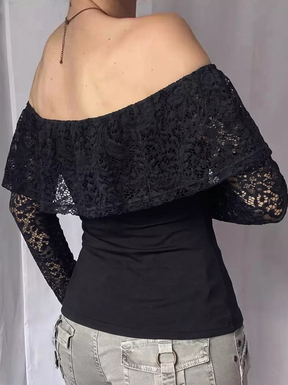 Off-Shoulder Lace Trim Long Sleeve T-Shirt, image 5