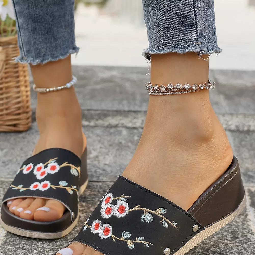 Floral Embroidered Wedge Sandals, image 3