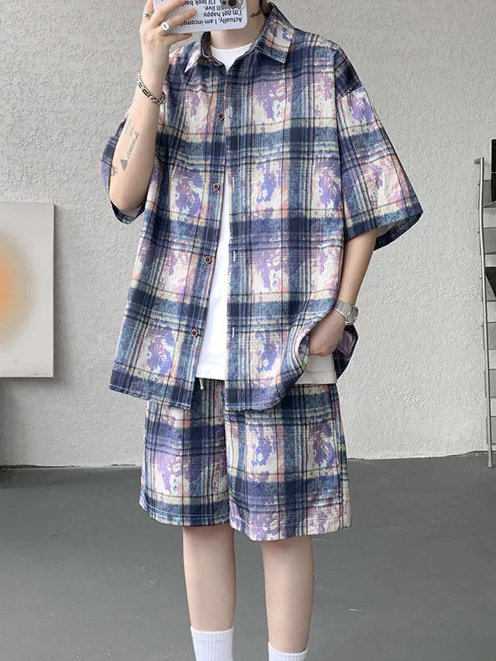 Men's Plus Size Casual Plaid Print Shirt & Shorts Set, image 2