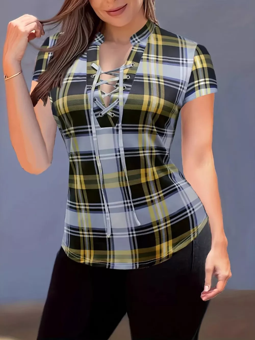 Plaid Lace-Up Short Sleeve Blouse, image 5