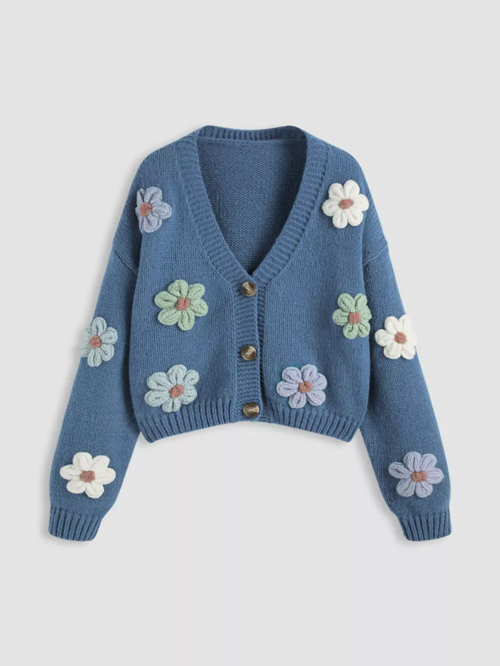 Floral Applique V-Neck Knit Cardigan