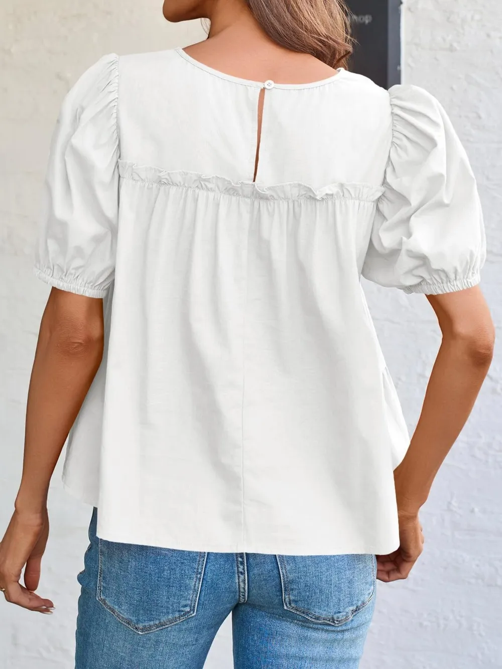Tiered Round Neck Puff Sleeve Ruched Blouse, image 3