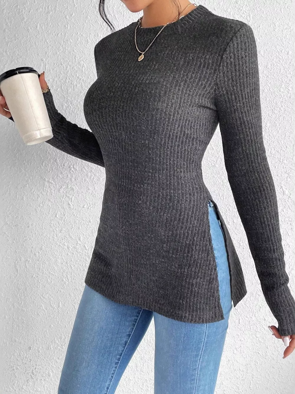 Slit Round Neck Long Sleeve T-Shirt, image 4