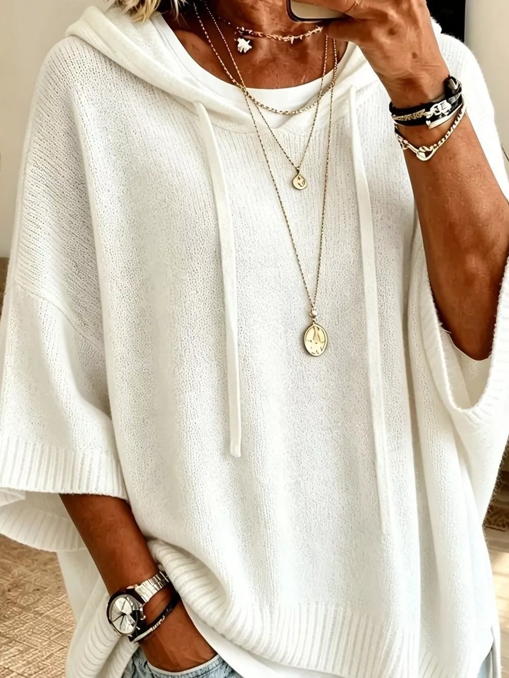 Casual Loose Fit Hooded Knit Sweater with Ribbed Hem, image 3