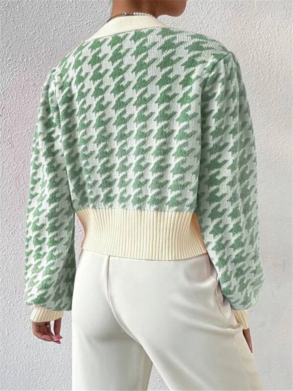 Houndstooth V-Neck Button Up Cardigan, image 4