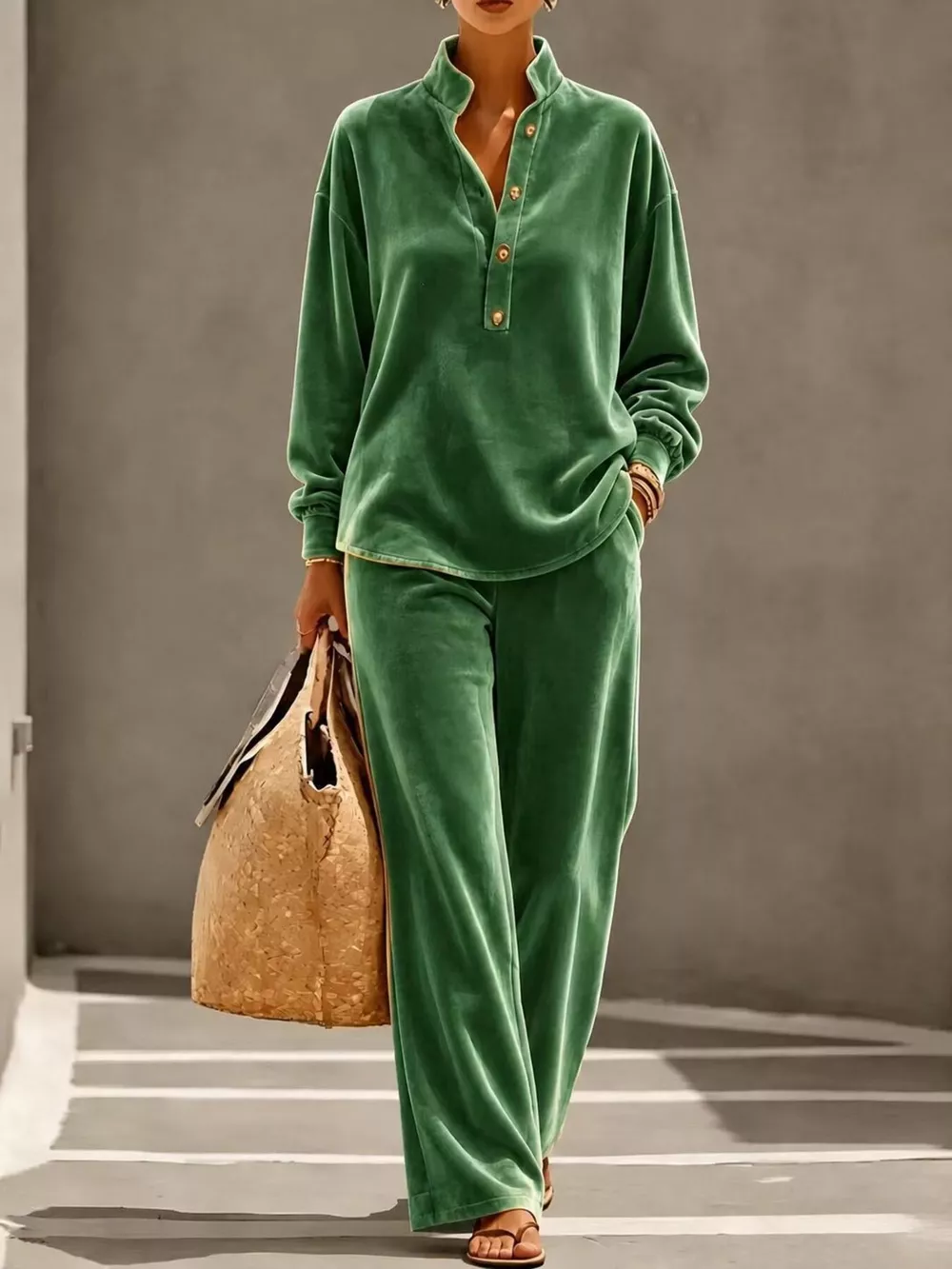 Full Size Half Button Top and Wide Leg Pants Set Plus Size, image 13