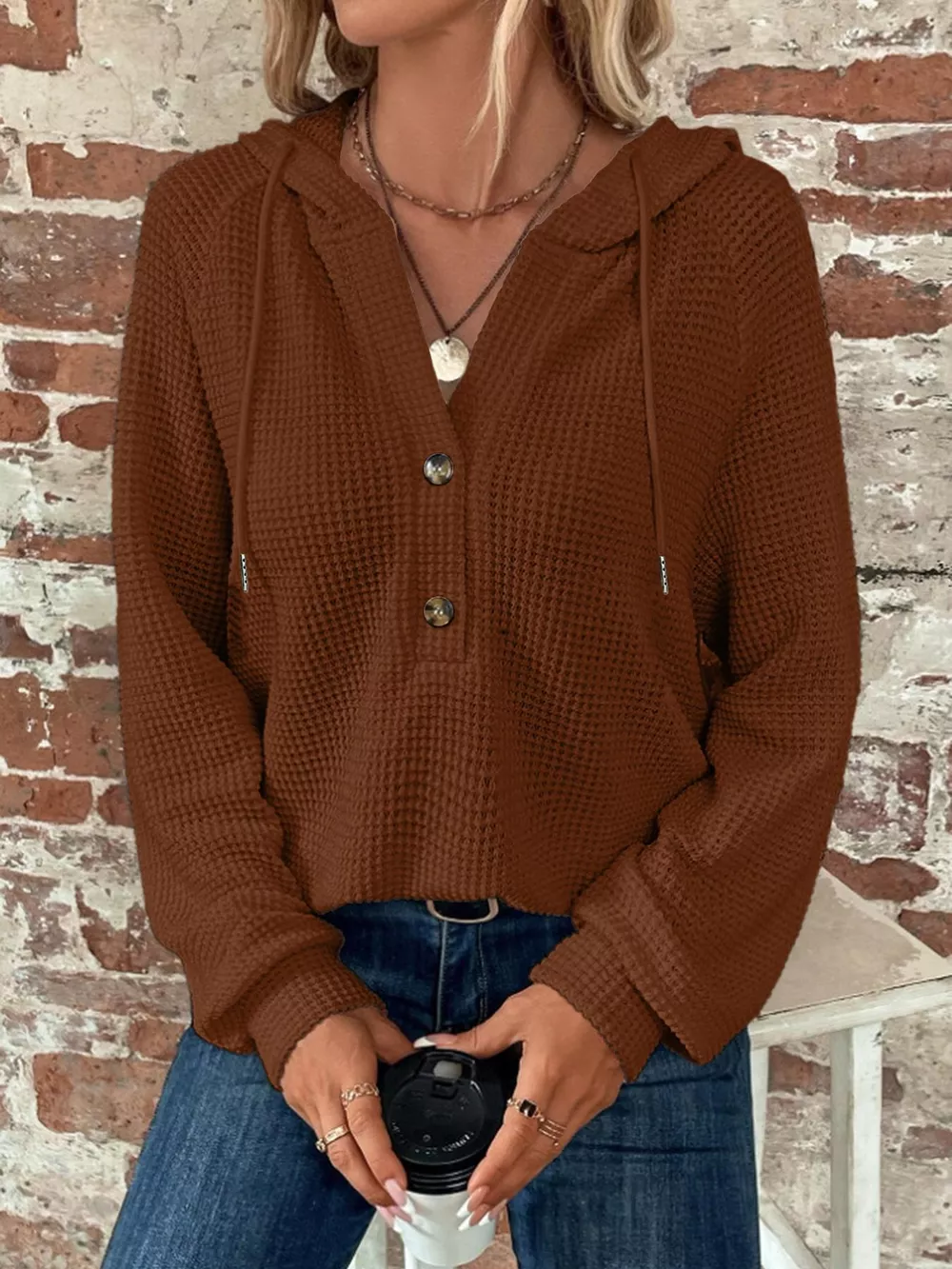 Waffle Knit Button Detail Hoodie, image 17
